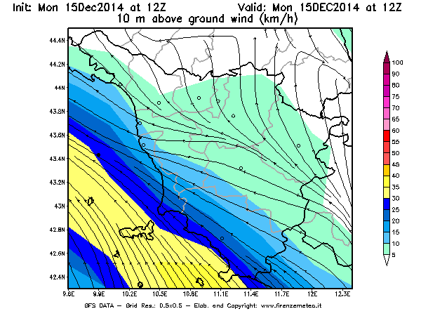 Mappa di analisi GFS - Velocità del vento a 10 metri dal suolo [km/h] in Toscana
							del 15/12/2014 12 <!--googleoff: index-->UTC<!--googleon: index-->