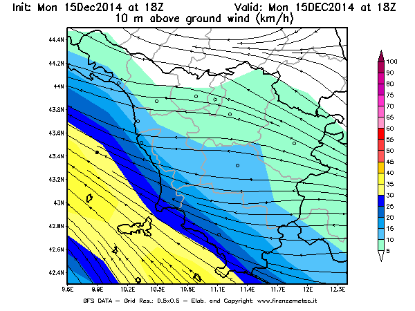 Mappa di analisi GFS - Velocità del vento a 10 metri dal suolo [km/h] in Toscana
							del 15/12/2014 18 <!--googleoff: index-->UTC<!--googleon: index-->