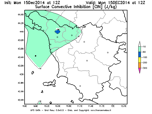 Mappa di analisi GFS - CIN [J/kg] in Toscana
							del 15/12/2014 12 <!--googleoff: index-->UTC<!--googleon: index-->