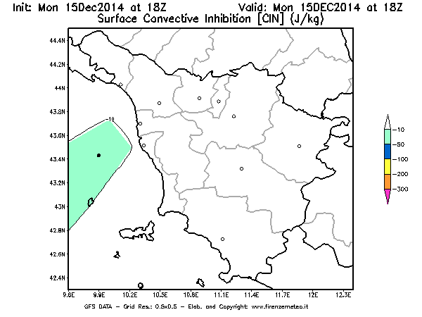 Mappa di analisi GFS - CIN [J/kg] in Toscana
							del 15/12/2014 18 <!--googleoff: index-->UTC<!--googleon: index-->