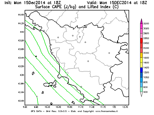 Mappa di analisi GFS - CAPE [J/kg] e Lifted Index [°C] in Toscana
							del 15/12/2014 18 <!--googleoff: index-->UTC<!--googleon: index-->