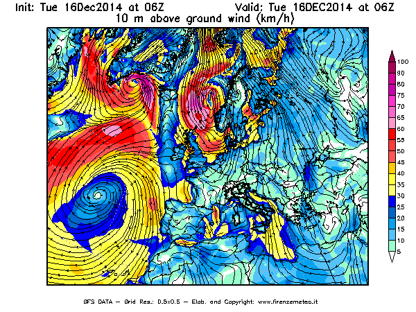 Mappa di analisi GFS - Velocità del vento a 10 metri dal suolo [km/h] in Europa
									del 16/12/2014 06 <!--googleoff: index-->UTC<!--googleon: index-->