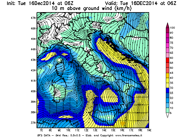 Mappa di analisi GFS - Velocità del vento a 10 metri dal suolo [km/h] in Italia
									del 16/12/2014 06 <!--googleoff: index-->UTC<!--googleon: index-->