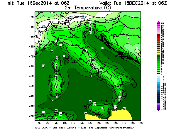 Mappa di analisi GFS - Temperatura a 2 metri dal suolo [°C] in Italia
									del 16/12/2014 06 <!--googleoff: index-->UTC<!--googleon: index-->