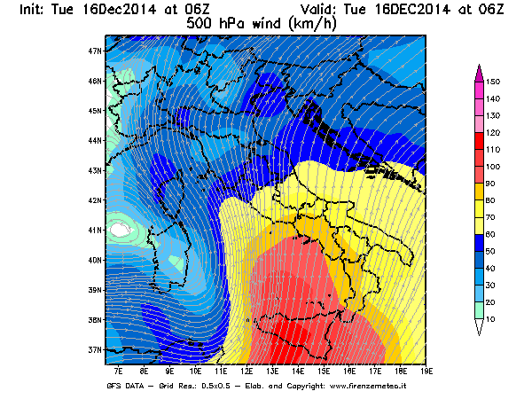 Mappa di analisi GFS - Velocità del vento a 500 hPa [km/h] in Italia
									del 16/12/2014 06 <!--googleoff: index-->UTC<!--googleon: index-->