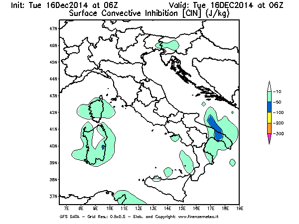 Mappa di analisi GFS - CIN [J/kg] in Italia
									del 16/12/2014 06 <!--googleoff: index-->UTC<!--googleon: index-->