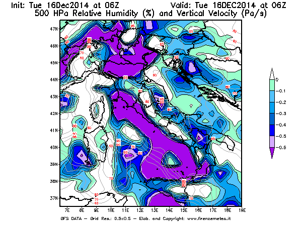 Mappa di analisi GFS - Umidità relativa [%] e Omega [Pa/s] a 500 hPa in Italia
									del 16/12/2014 06 <!--googleoff: index-->UTC<!--googleon: index-->