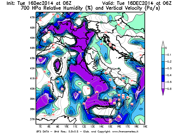 Mappa di analisi GFS - Umidità relativa [%] e Omega [Pa/s] a 700 hPa in Italia
									del 16/12/2014 06 <!--googleoff: index-->UTC<!--googleon: index-->