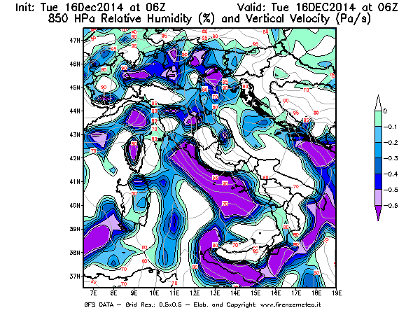 Mappa di analisi GFS - Umidità relativa [%] e Omega [Pa/s] a 850 hPa in Italia
									del 16/12/2014 06 <!--googleoff: index-->UTC<!--googleon: index-->