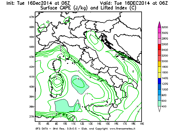 Mappa di analisi GFS - CAPE [J/kg] e Lifted Index [°C] in Italia
									del 16/12/2014 06 <!--googleoff: index-->UTC<!--googleon: index-->