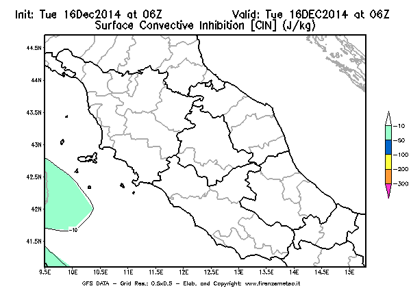 Mappa di analisi GFS - CIN [J/kg] in Centro-Italia
									del 16/12/2014 06 <!--googleoff: index-->UTC<!--googleon: index-->