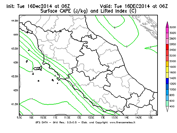 Mappa di analisi GFS - CAPE [J/kg] e Lifted Index [°C] in Centro-Italia
									del 16/12/2014 06 <!--googleoff: index-->UTC<!--googleon: index-->