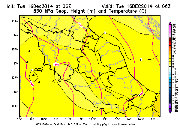 Mappa di analisi GFS - Geopotenziale [m] e Temperatura [°C] a 850 hPa in Centro-Italia
									del 16/12/2014 06 <!--googleoff: index-->UTC<!--googleon: index-->