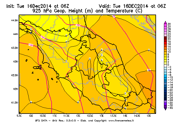 Mappa di analisi GFS - Geopotenziale [m] e Temperatura [°C] a 925 hPa in Centro-Italia
									del 16/12/2014 06 <!--googleoff: index-->UTC<!--googleon: index-->