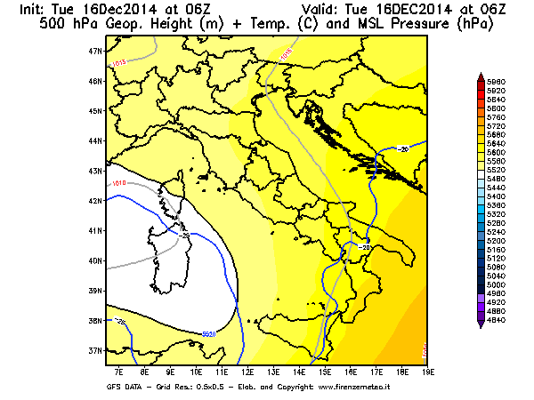 Mappa di analisi GFS - Geopotenziale [m] + Temp. [°C] a 500 hPa + Press. a livello del mare [hPa] in Italia
									del 16/12/2014 06 <!--googleoff: index-->UTC<!--googleon: index-->