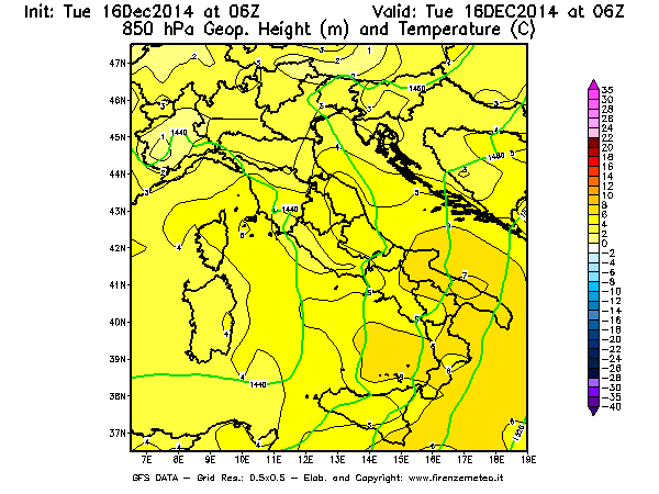 Mappa di analisi GFS - Geopotenziale [m] e Temperatura [°C] a 850 hPa in Italia
									del 16/12/2014 06 <!--googleoff: index-->UTC<!--googleon: index-->