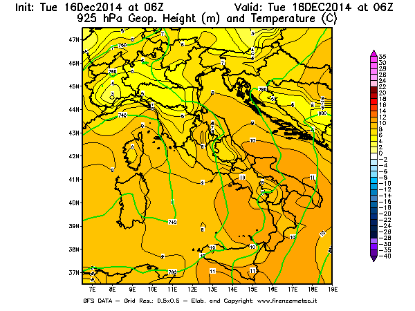 Mappa di analisi GFS - Geopotenziale [m] e Temperatura [°C] a 925 hPa in Italia
									del 16/12/2014 06 <!--googleoff: index-->UTC<!--googleon: index-->
