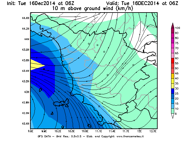 Mappa di analisi GFS - Velocità del vento a 10 metri dal suolo [km/h] in Toscana
									del 16/12/2014 06 <!--googleoff: index-->UTC<!--googleon: index-->