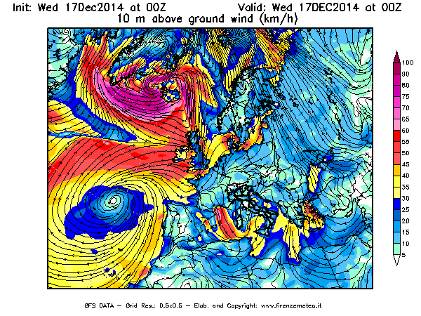 Mappa di analisi GFS - Velocità del vento a 10 metri dal suolo [km/h] in Europa
									del 17/12/2014 00 <!--googleoff: index-->UTC<!--googleon: index-->