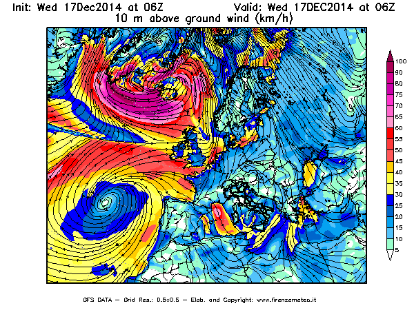 Mappa di analisi GFS - Velocità del vento a 10 metri dal suolo [km/h] in Europa
									del 17/12/2014 06 <!--googleoff: index-->UTC<!--googleon: index-->