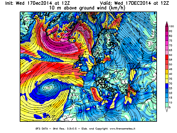 Mappa di analisi GFS - Velocità del vento a 10 metri dal suolo [km/h] in Europa
									del 17/12/2014 12 <!--googleoff: index-->UTC<!--googleon: index-->