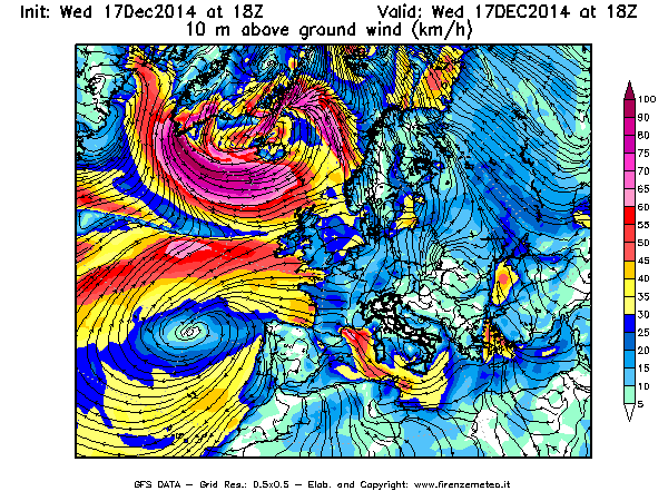Mappa di analisi GFS - Velocità del vento a 10 metri dal suolo [km/h] in Europa
									del 17/12/2014 18 <!--googleoff: index-->UTC<!--googleon: index-->