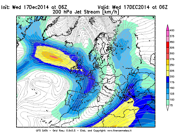 Mappa di analisi GFS - Jet Stream a 200 hPa in Europa
									del 17/12/2014 06 <!--googleoff: index-->UTC<!--googleon: index-->