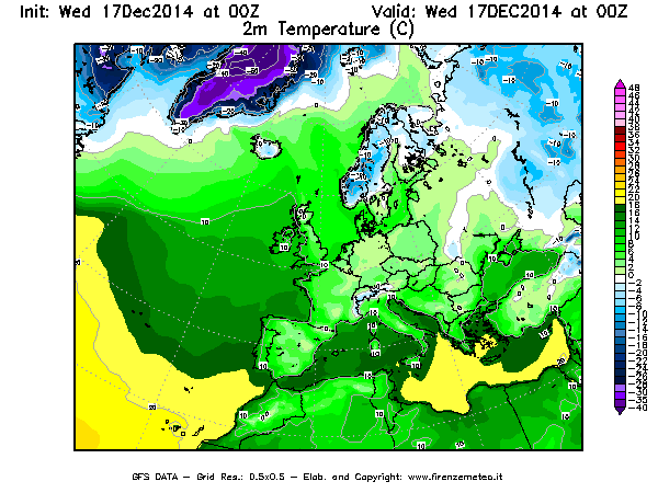 Mappa di analisi GFS - Temperatura a 2 metri dal suolo [°C] in Europa
									del 17/12/2014 00 <!--googleoff: index-->UTC<!--googleon: index-->