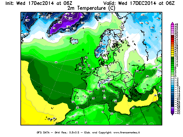 Mappa di analisi GFS - Temperatura a 2 metri dal suolo [°C] in Europa
									del 17/12/2014 06 <!--googleoff: index-->UTC<!--googleon: index-->