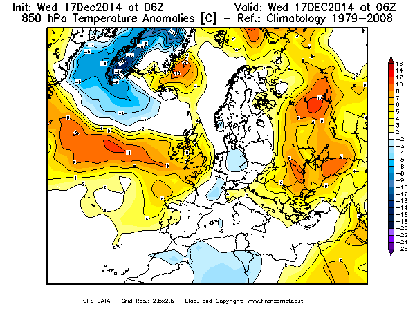 Mappa di analisi GFS - Anomalia Temperatura [°C] a 850 hPa in Europa
									del 17/12/2014 06 <!--googleoff: index-->UTC<!--googleon: index-->