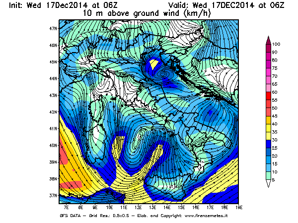 Mappa di analisi GFS - Velocità del vento a 10 metri dal suolo [km/h] in Italia
									del 17/12/2014 06 <!--googleoff: index-->UTC<!--googleon: index-->