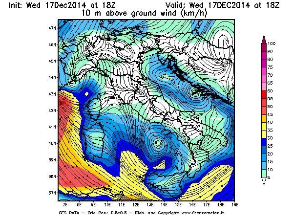 Mappa di analisi GFS - Velocità del vento a 10 metri dal suolo [km/h] in Italia
									del 17/12/2014 18 <!--googleoff: index-->UTC<!--googleon: index-->