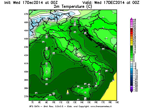 Mappa di analisi GFS - Temperatura a 2 metri dal suolo [°C] in Italia
									del 17/12/2014 00 <!--googleoff: index-->UTC<!--googleon: index-->