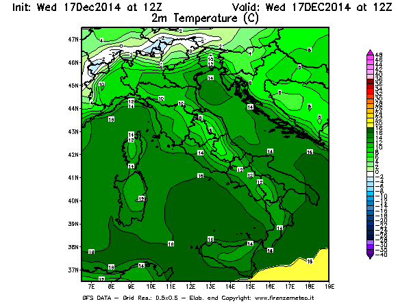 Mappa di analisi GFS - Temperatura a 2 metri dal suolo [°C] in Italia
									del 17/12/2014 12 <!--googleoff: index-->UTC<!--googleon: index-->