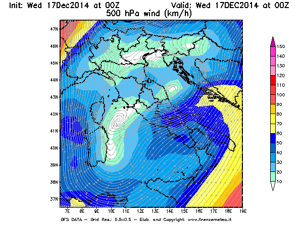 Mappa di analisi GFS - Velocità del vento a 500 hPa [km/h] in Italia
									del 17/12/2014 00 <!--googleoff: index-->UTC<!--googleon: index-->