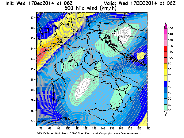 Mappa di analisi GFS - Velocità del vento a 500 hPa [km/h] in Italia
									del 17/12/2014 06 <!--googleoff: index-->UTC<!--googleon: index-->