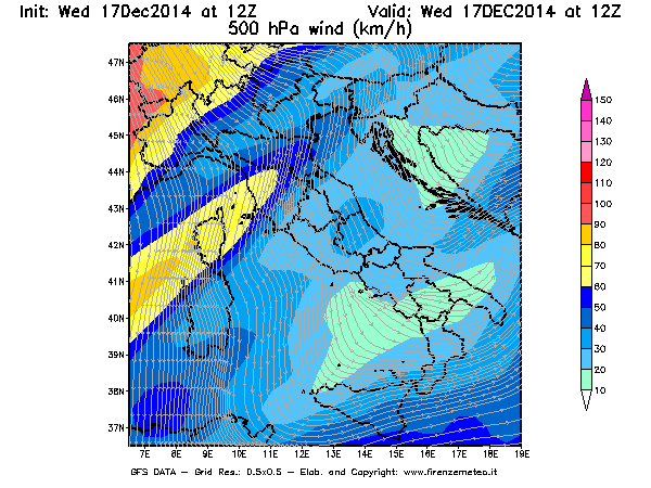 Mappa di analisi GFS - Velocità del vento a 500 hPa [km/h] in Italia
									del 17/12/2014 12 <!--googleoff: index-->UTC<!--googleon: index-->