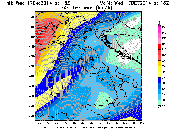Mappa di analisi GFS - Velocità del vento a 500 hPa [km/h] in Italia
									del 17/12/2014 18 <!--googleoff: index-->UTC<!--googleon: index-->