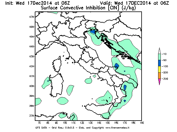 Mappa di analisi GFS - CIN [J/kg] in Italia
									del 17/12/2014 06 <!--googleoff: index-->UTC<!--googleon: index-->