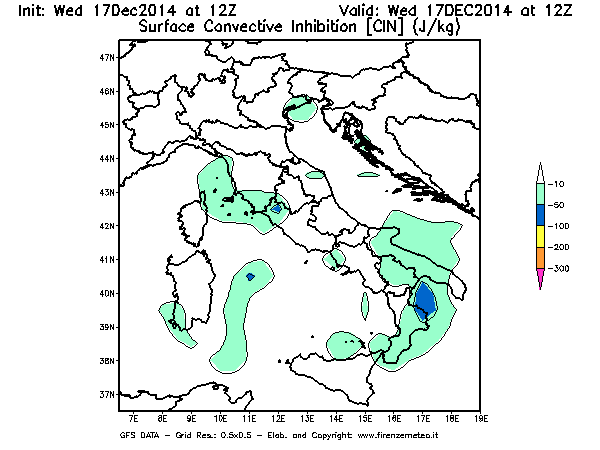Mappa di analisi GFS - CIN [J/kg] in Italia
									del 17/12/2014 12 <!--googleoff: index-->UTC<!--googleon: index-->