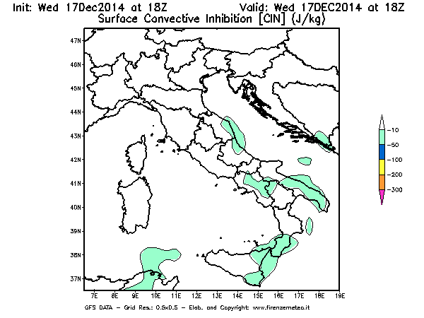 Mappa di analisi GFS - CIN [J/kg] in Italia
									del 17/12/2014 18 <!--googleoff: index-->UTC<!--googleon: index-->