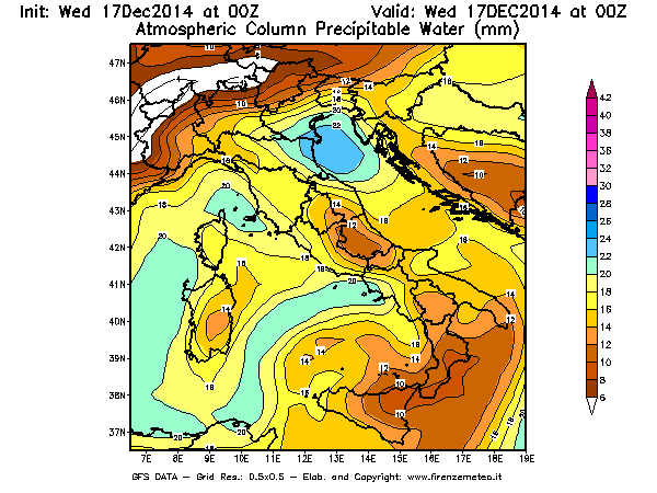 Mappa di analisi GFS - Precipitable Water [mm] in Italia
									del 17/12/2014 00 <!--googleoff: index-->UTC<!--googleon: index-->