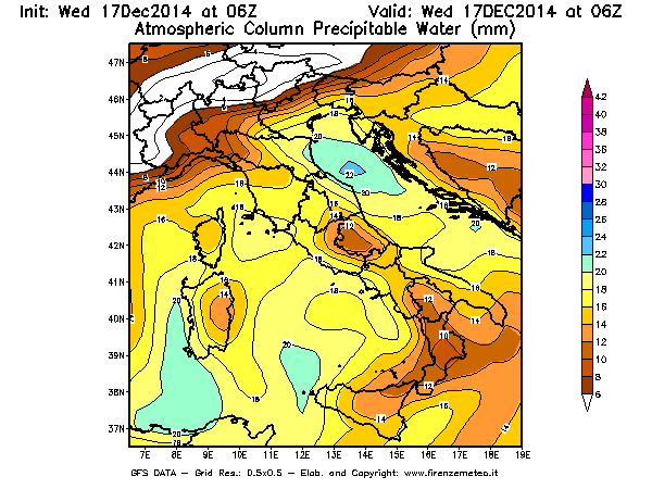 Mappa di analisi GFS - Precipitable Water [mm] in Italia
									del 17/12/2014 06 <!--googleoff: index-->UTC<!--googleon: index-->