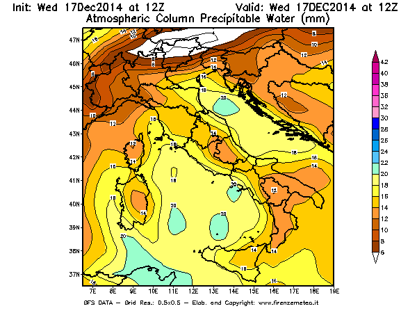 Mappa di analisi GFS - Precipitable Water [mm] in Italia
									del 17/12/2014 12 <!--googleoff: index-->UTC<!--googleon: index-->