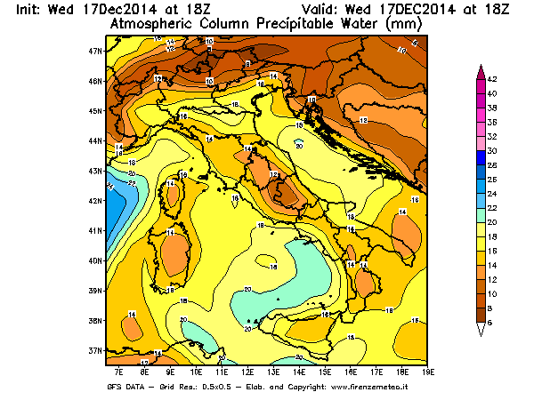 Mappa di analisi GFS - Precipitable Water [mm] in Italia
									del 17/12/2014 18 <!--googleoff: index-->UTC<!--googleon: index-->