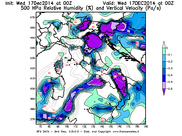 Mappa di analisi GFS - Umidità relativa [%] e Omega [Pa/s] a 500 hPa in Italia
									del 17/12/2014 00 <!--googleoff: index-->UTC<!--googleon: index-->
