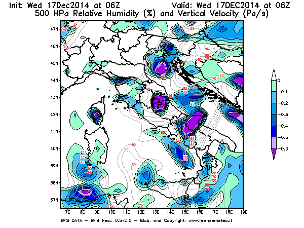 Mappa di analisi GFS - Umidità relativa [%] e Omega [Pa/s] a 500 hPa in Italia
									del 17/12/2014 06 <!--googleoff: index-->UTC<!--googleon: index-->