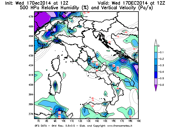 Mappa di analisi GFS - Umidità relativa [%] e Omega [Pa/s] a 500 hPa in Italia
									del 17/12/2014 12 <!--googleoff: index-->UTC<!--googleon: index-->