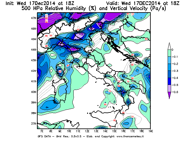 Mappa di analisi GFS - Umidità relativa [%] e Omega [Pa/s] a 500 hPa in Italia
									del 17/12/2014 18 <!--googleoff: index-->UTC<!--googleon: index-->