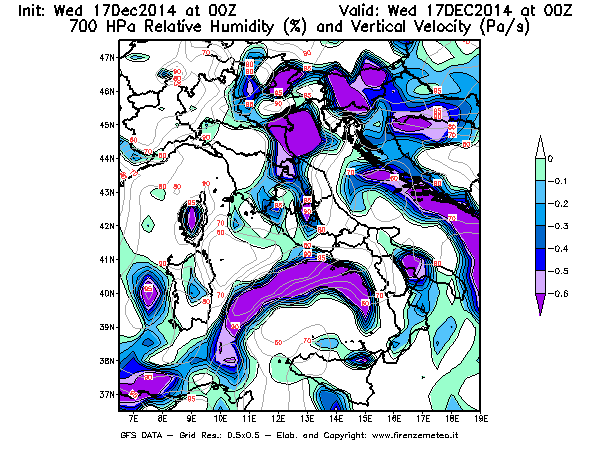 Mappa di analisi GFS - Umidità relativa [%] e Omega [Pa/s] a 700 hPa in Italia
									del 17/12/2014 00 <!--googleoff: index-->UTC<!--googleon: index-->